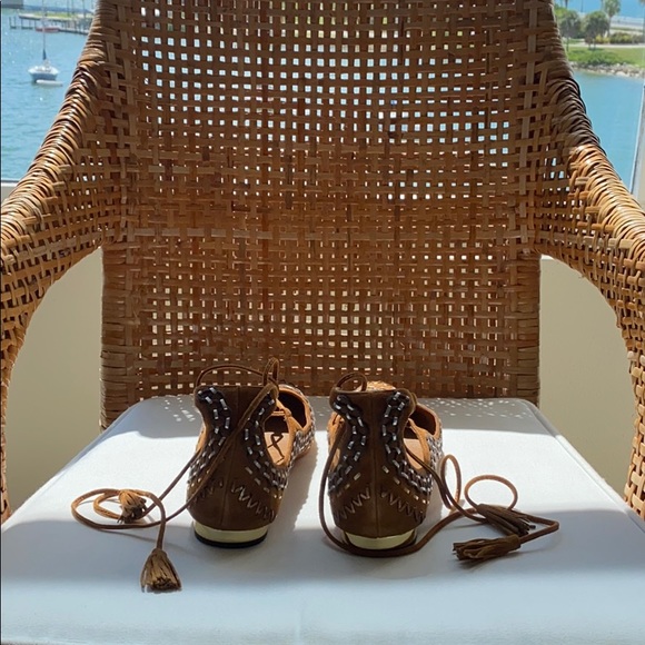 Aquazzura Christy Folk Embroidered Suede Tan Flats - Picture 5 of 5